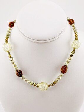 VINTAGE Earth tone beaded choker necklace w/ green faux pearls c. 1990s jewelry